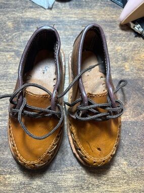 Kids Brown Leather Moccasin Slip-On Shoes with Dark Trim